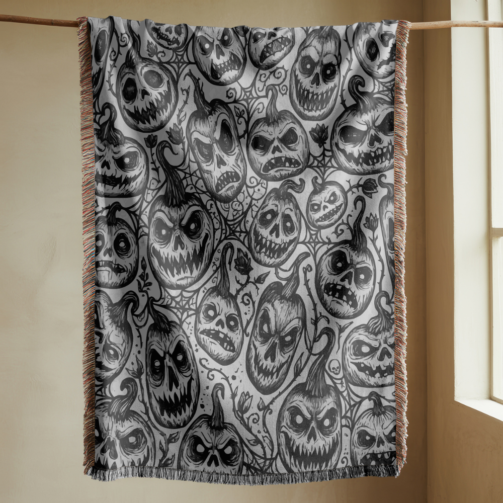 Creepy Pumpkin Halloween Blanket, Black and White Jack O Lantern Throw for Gothic Home Decor, Spooky Horror Sofa Blanket, Halloween Gift