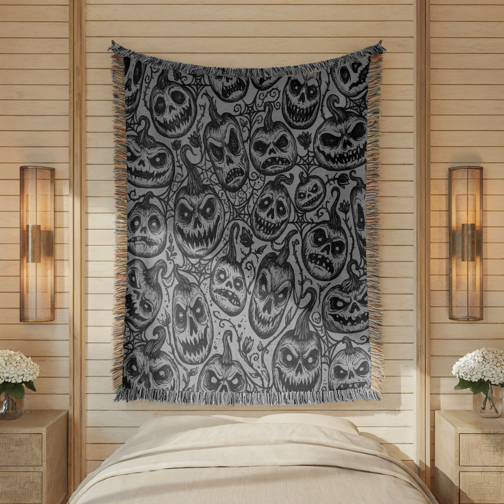 Creepy Pumpkin Halloween Blanket, Black and White Jack O Lantern Throw for Gothic Home Decor, Spooky Horror Sofa Blanket, Halloween Gift
