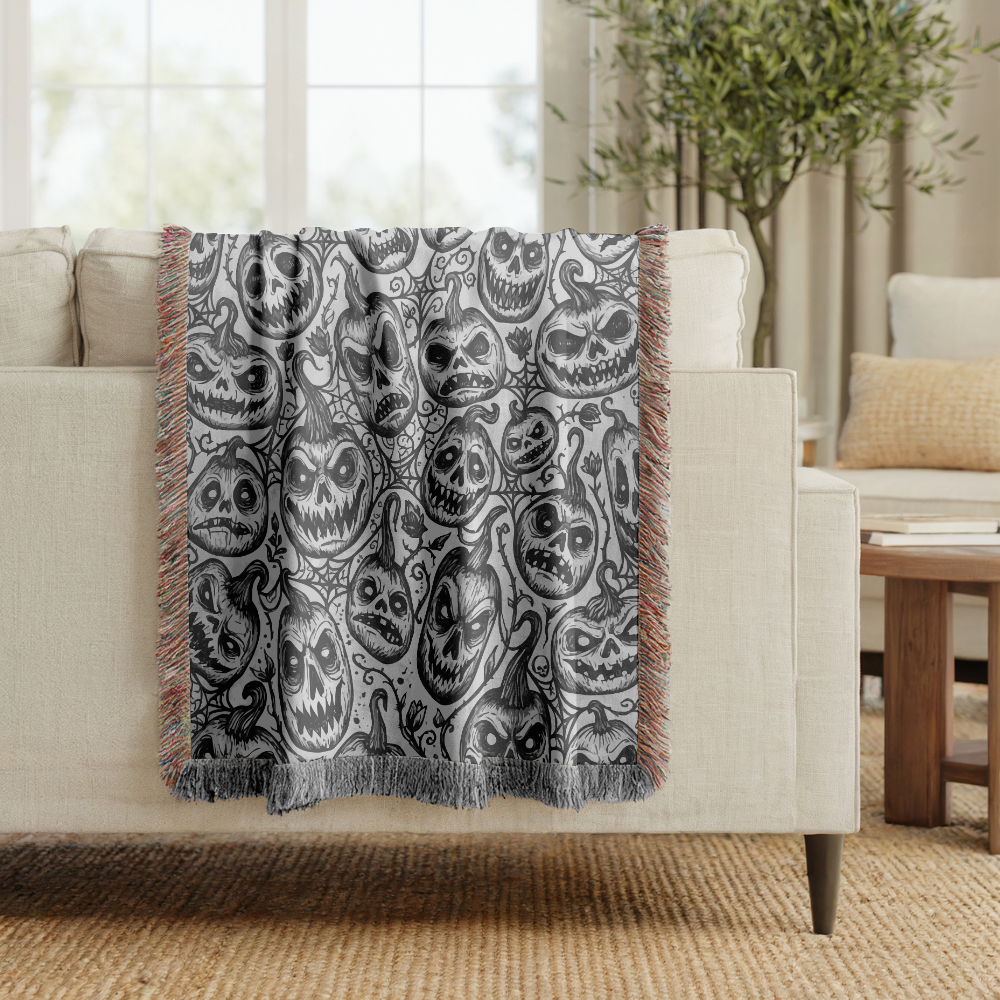 Creepy Pumpkin Halloween Blanket, Black and White Jack O Lantern Throw for Gothic Home Decor, Spooky Horror Sofa Blanket, Halloween Gift