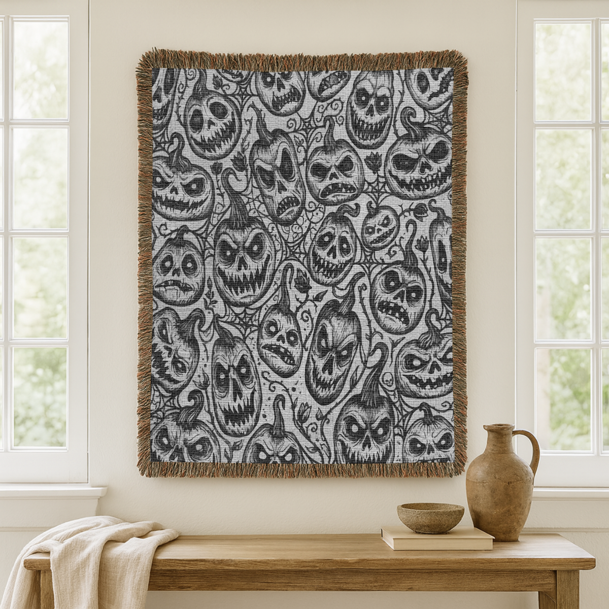 Creepy Pumpkin Halloween Blanket, Black and White Jack O Lantern Throw for Gothic Home Decor, Spooky Horror Sofa Blanket, Halloween Gift