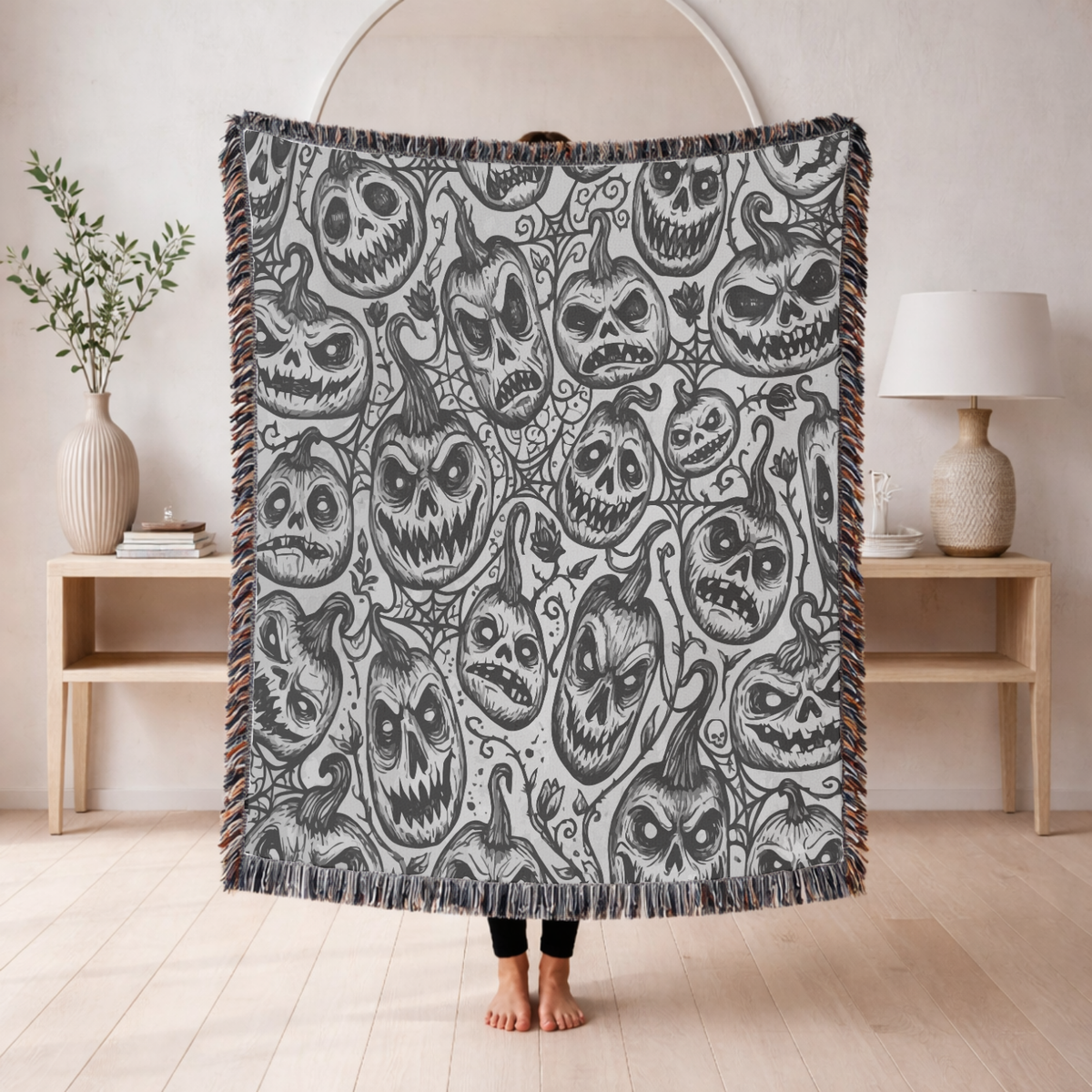 Creepy Pumpkin Halloween Blanket, Black and White Jack O Lantern Throw for Gothic Home Decor, Spooky Horror Sofa Blanket, Halloween Gift