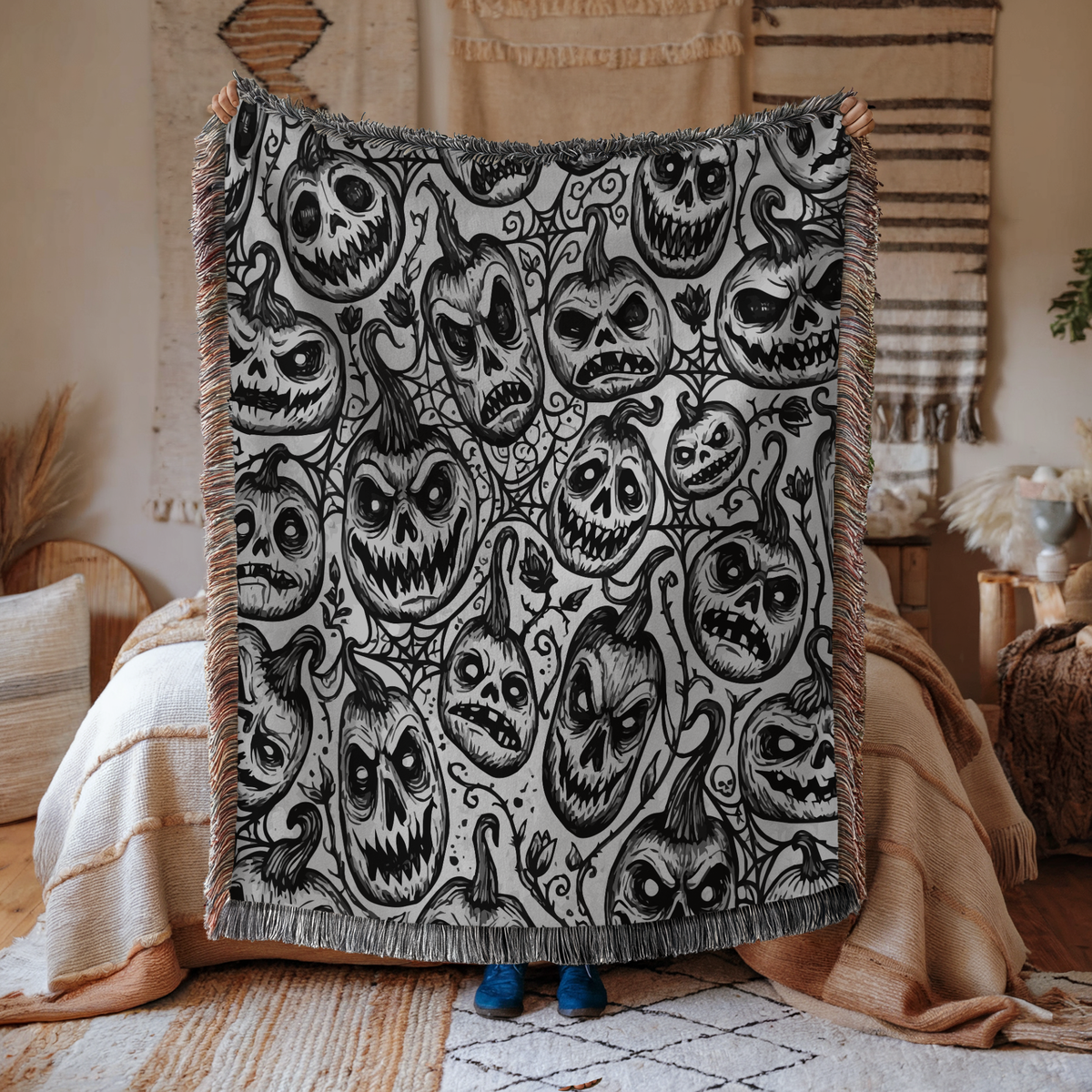 Creepy Pumpkin Halloween Blanket, Black and White Jack O Lantern Throw for Gothic Home Decor, Spooky Horror Sofa Blanket, Halloween Gift