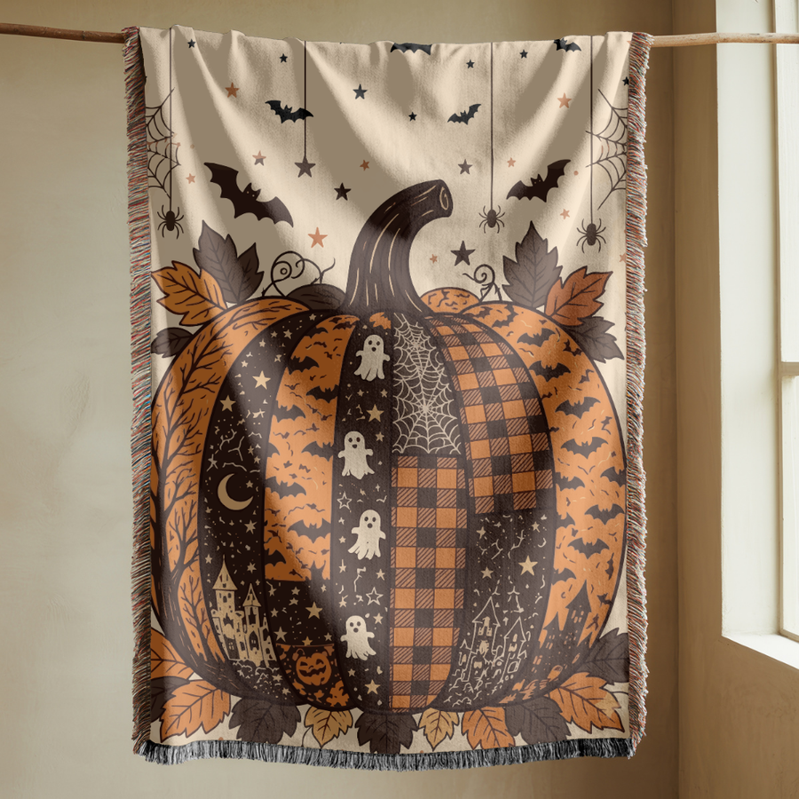 Vintage Halloween Blanket, Pumpkin Patch Ghost Throw for Cozy Fall Home Decor, Rustic Cottagecore Sofa Blanket, Spooky Autumn Gift for Her