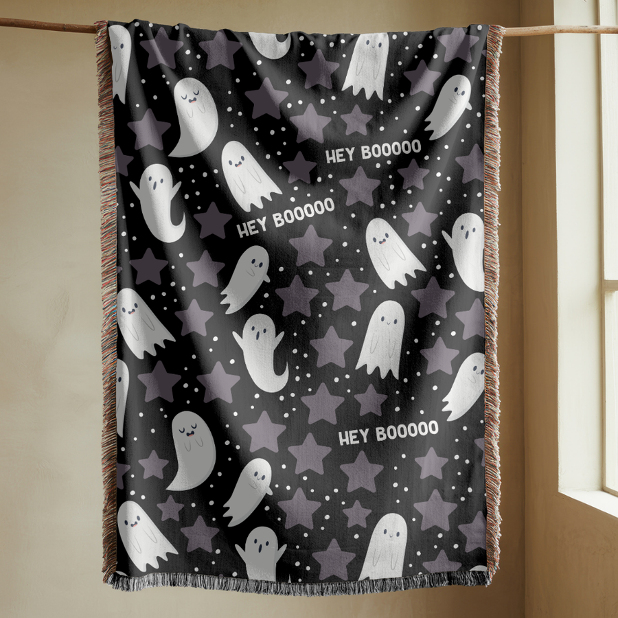 Cute Ghost Halloween Blanket, Hey Boo Boo Spooky Throw for Cozy Fall Home Decor, Black Gothic Sofa Blanket, Halloween Gift for Ghost Lovers