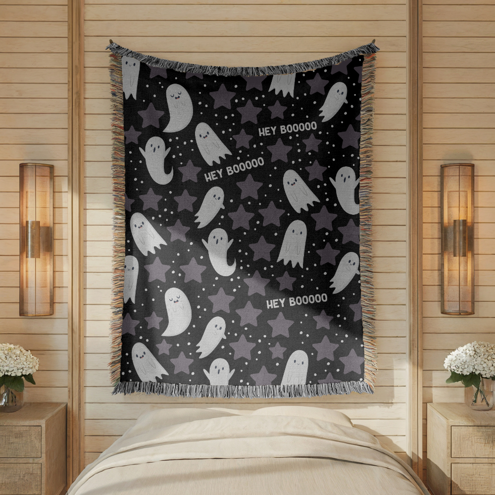 Cute Ghost Halloween Blanket, Hey Boo Boo Spooky Throw for Cozy Fall Home Decor, Black Gothic Sofa Blanket, Halloween Gift for Ghost Lovers