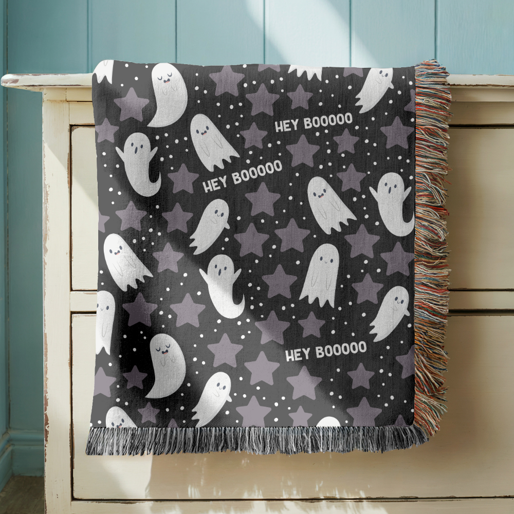 Cute Ghost Halloween Blanket, Hey Boo Boo Spooky Throw for Cozy Fall Home Decor, Black Gothic Sofa Blanket, Halloween Gift for Ghost Lovers