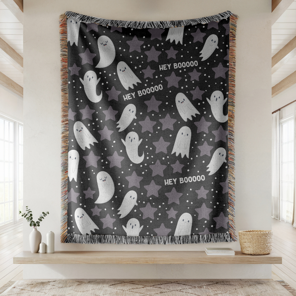 Cute Ghost Halloween Blanket, Hey Boo Boo Spooky Throw for Cozy Fall Home Decor, Black Gothic Sofa Blanket, Halloween Gift for Ghost Lovers