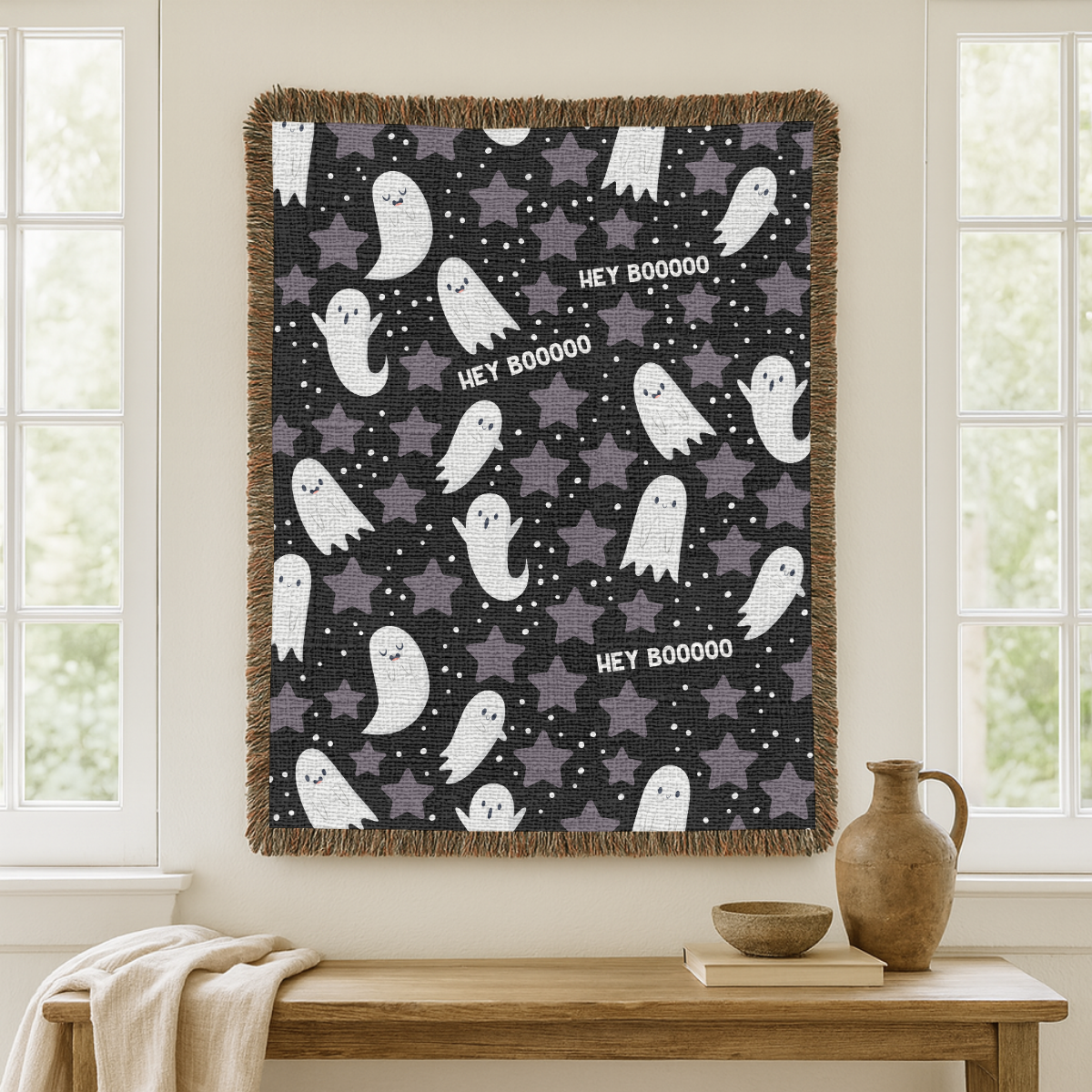 Cute Ghost Halloween Blanket, Hey Boo Boo Spooky Throw for Cozy Fall Home Decor, Black Gothic Sofa Blanket, Halloween Gift for Ghost Lovers