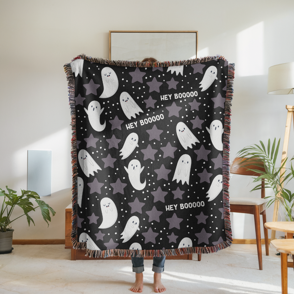 Cute Ghost Halloween Blanket, Hey Boo Boo Spooky Throw for Cozy Fall Home Decor, Black Gothic Sofa Blanket, Halloween Gift for Ghost Lovers
