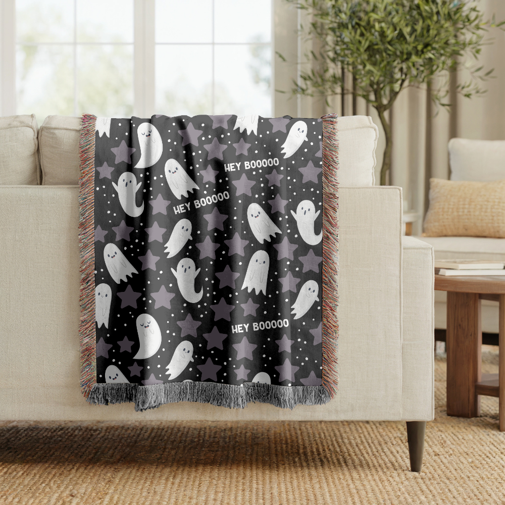 Cute Ghost Halloween Blanket, Hey Boo Boo Spooky Throw for Cozy Fall Home Decor, Black Gothic Sofa Blanket, Halloween Gift for Ghost Lovers