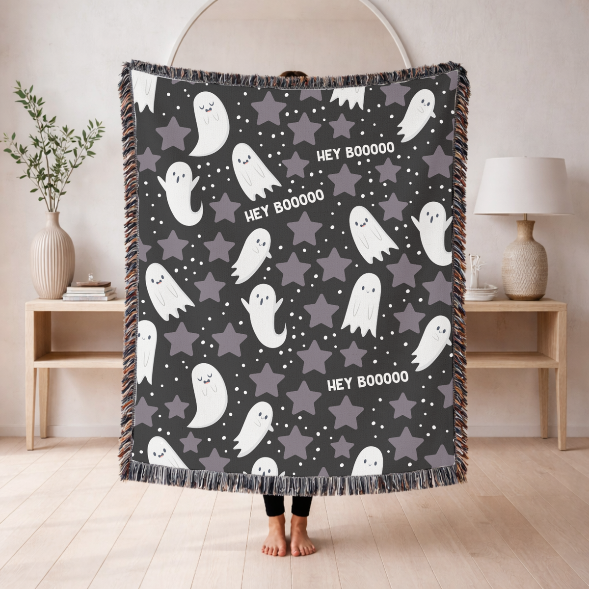 Cute Ghost Halloween Blanket, Hey Boo Boo Spooky Throw for Cozy Fall Home Decor, Black Gothic Sofa Blanket, Halloween Gift for Ghost Lovers