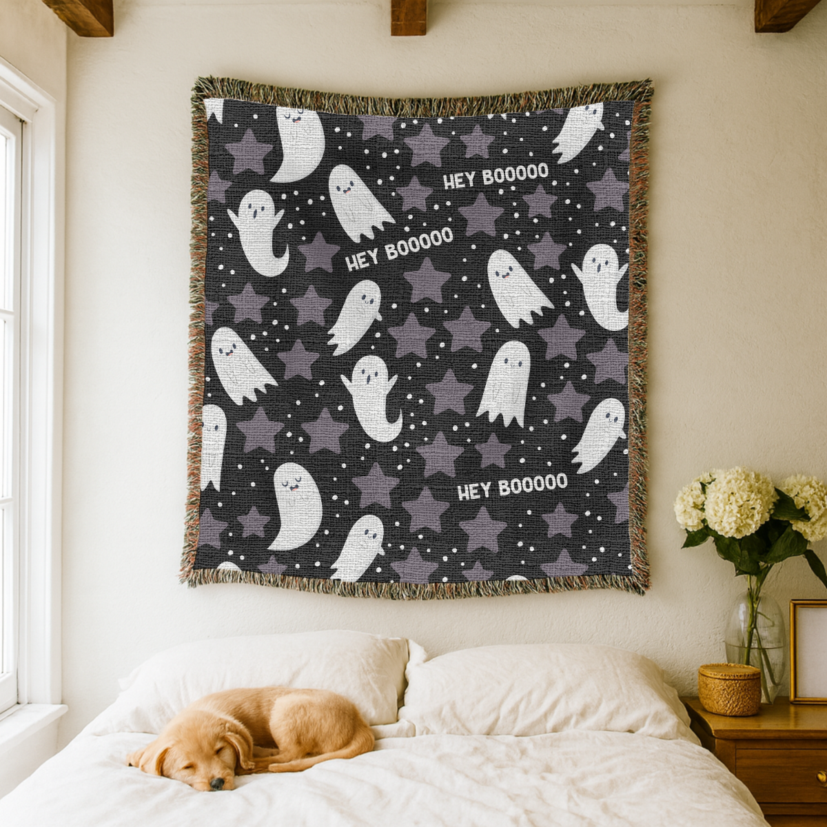 Cute Ghost Halloween Blanket, Hey Boo Boo Spooky Throw for Cozy Fall Home Decor, Black Gothic Sofa Blanket, Halloween Gift for Ghost Lovers