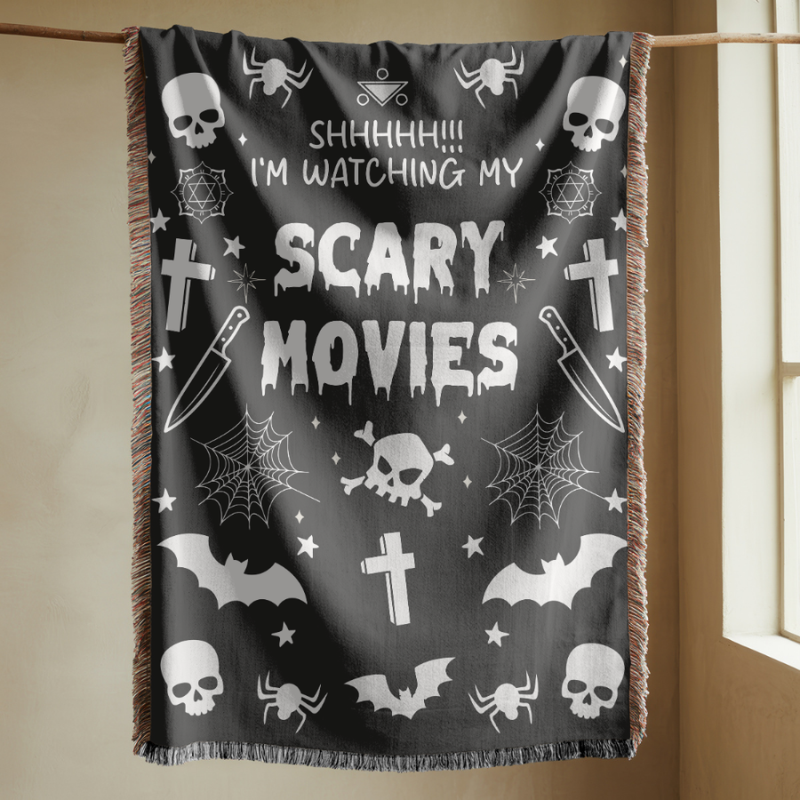 Scary Movies Halloween Blanket, Spooky Horror Movie Throw for Gothic Home Decor, Skull and Spider Web Sofa Blanket, Horror Fan Gift
