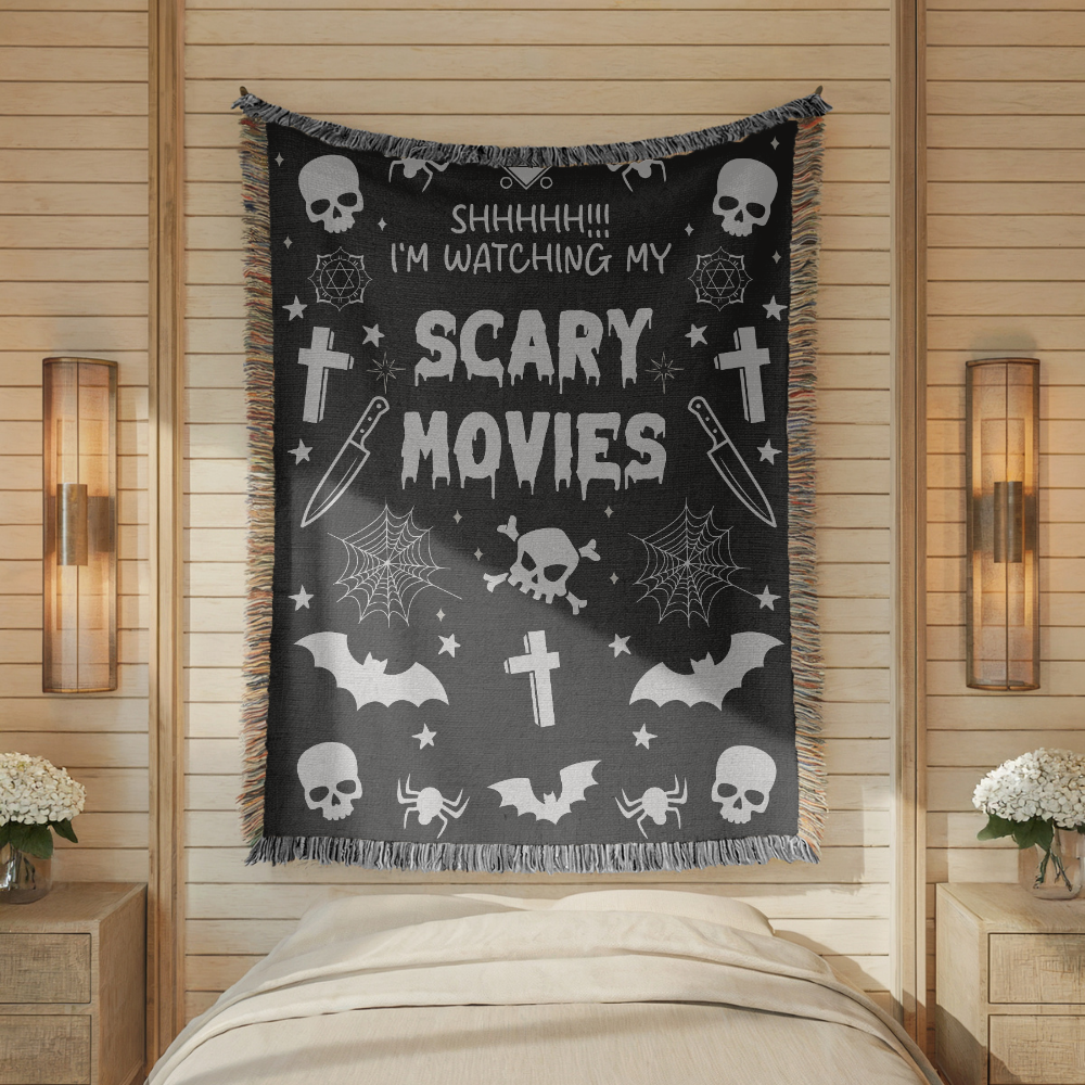 Scary Movies Halloween Blanket, Spooky Horror Movie Throw for Gothic Home Decor, Skull and Spider Web Sofa Blanket, Horror Fan Gift
