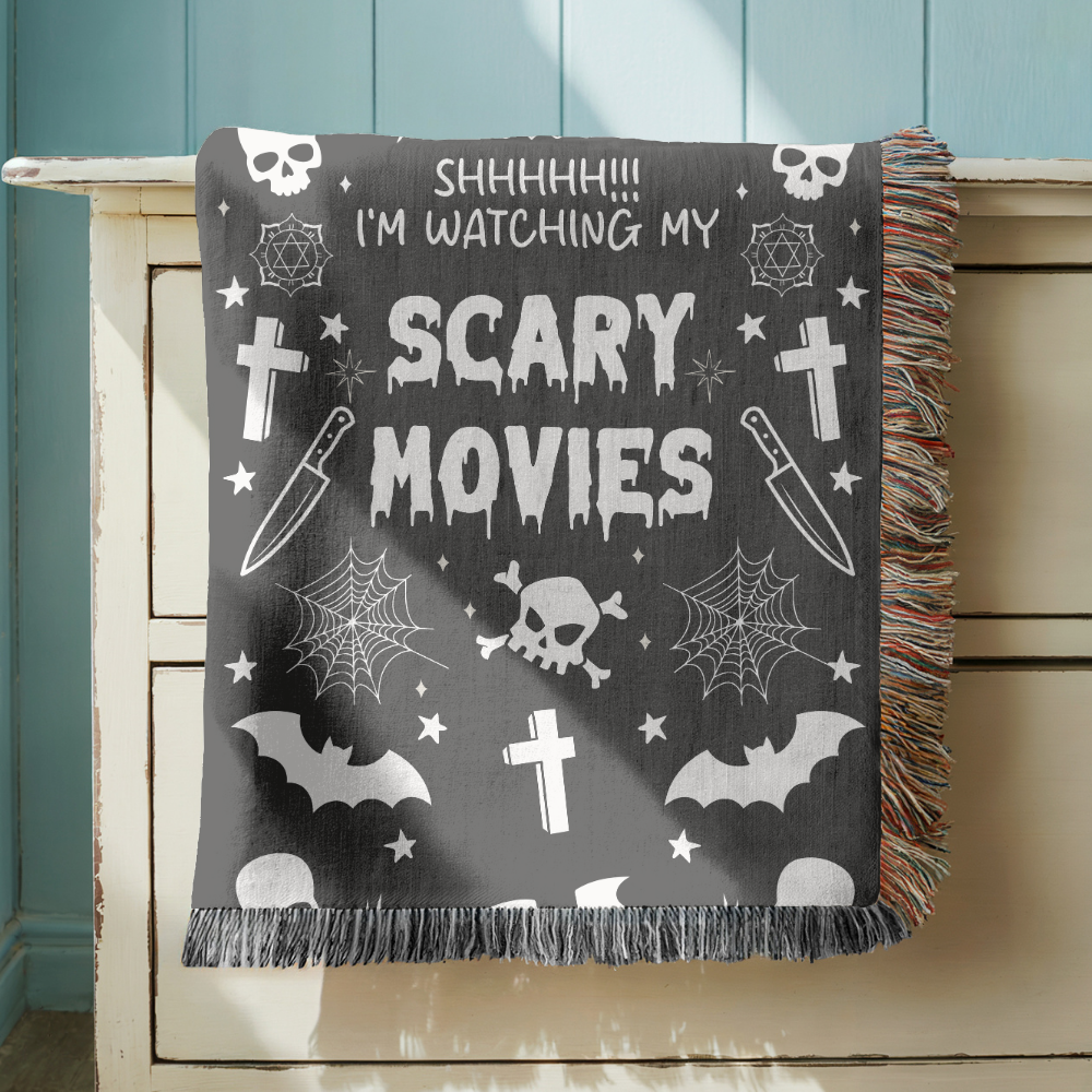 Scary Movies Halloween Blanket, Spooky Horror Movie Throw for Gothic Home Decor, Skull and Spider Web Sofa Blanket, Horror Fan Gift