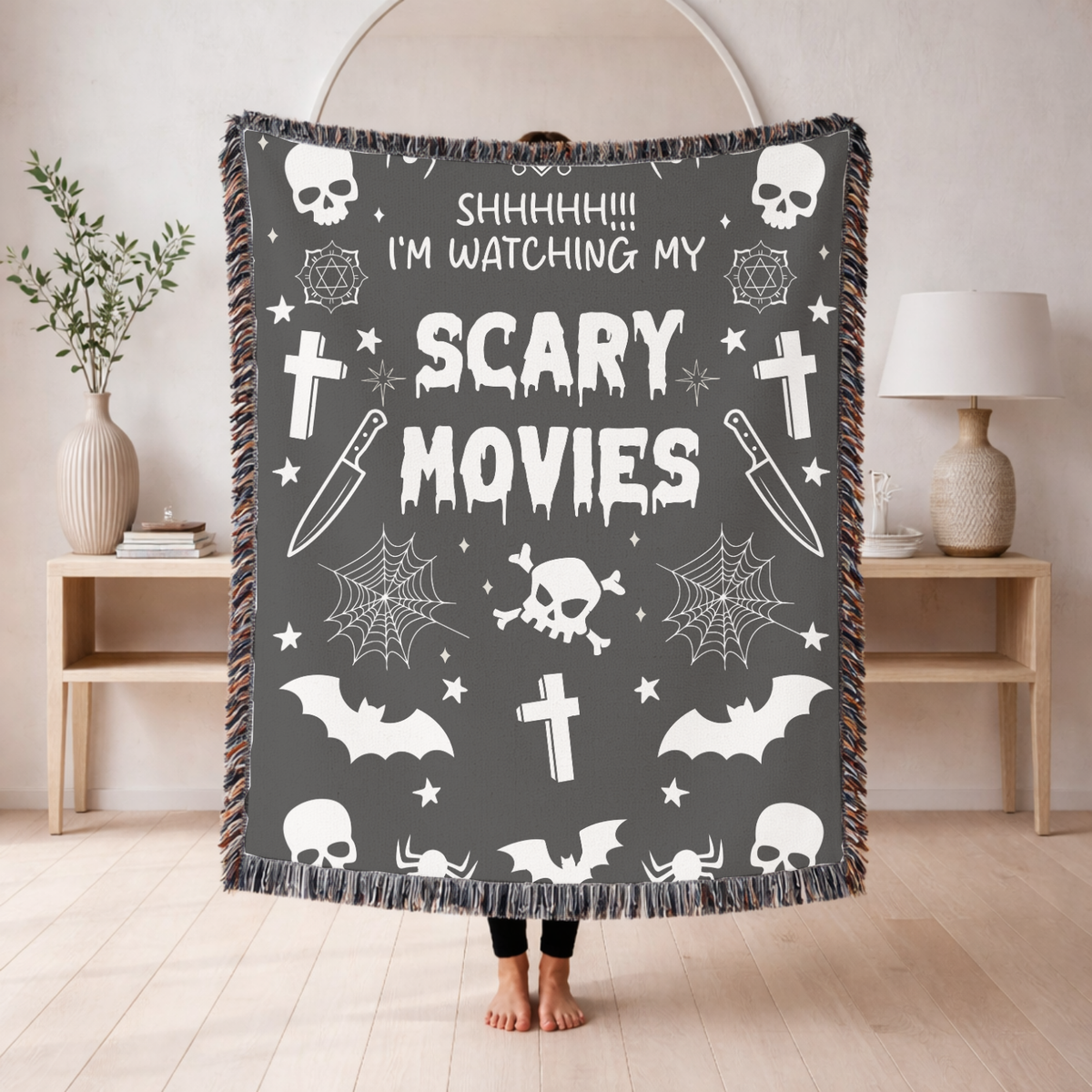Scary Movies Halloween Blanket, Spooky Horror Movie Throw for Gothic Home Decor, Skull and Spider Web Sofa Blanket, Horror Fan Gift