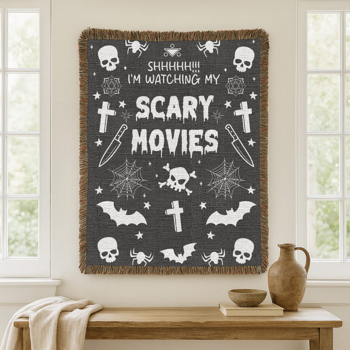 Scary Movies Halloween Blanket, Spooky Horror Movie Throw for Gothic Home Decor, Skull and Spider Web Sofa Blanket, Horror Fan Gift