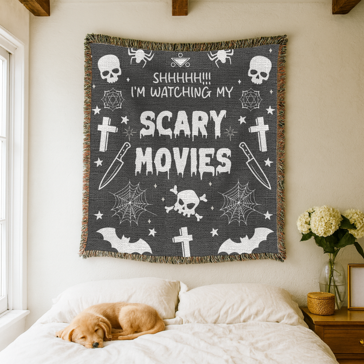 Scary Movies Halloween Blanket, Spooky Horror Movie Throw for Gothic Home Decor, Skull and Spider Web Sofa Blanket, Horror Fan Gift