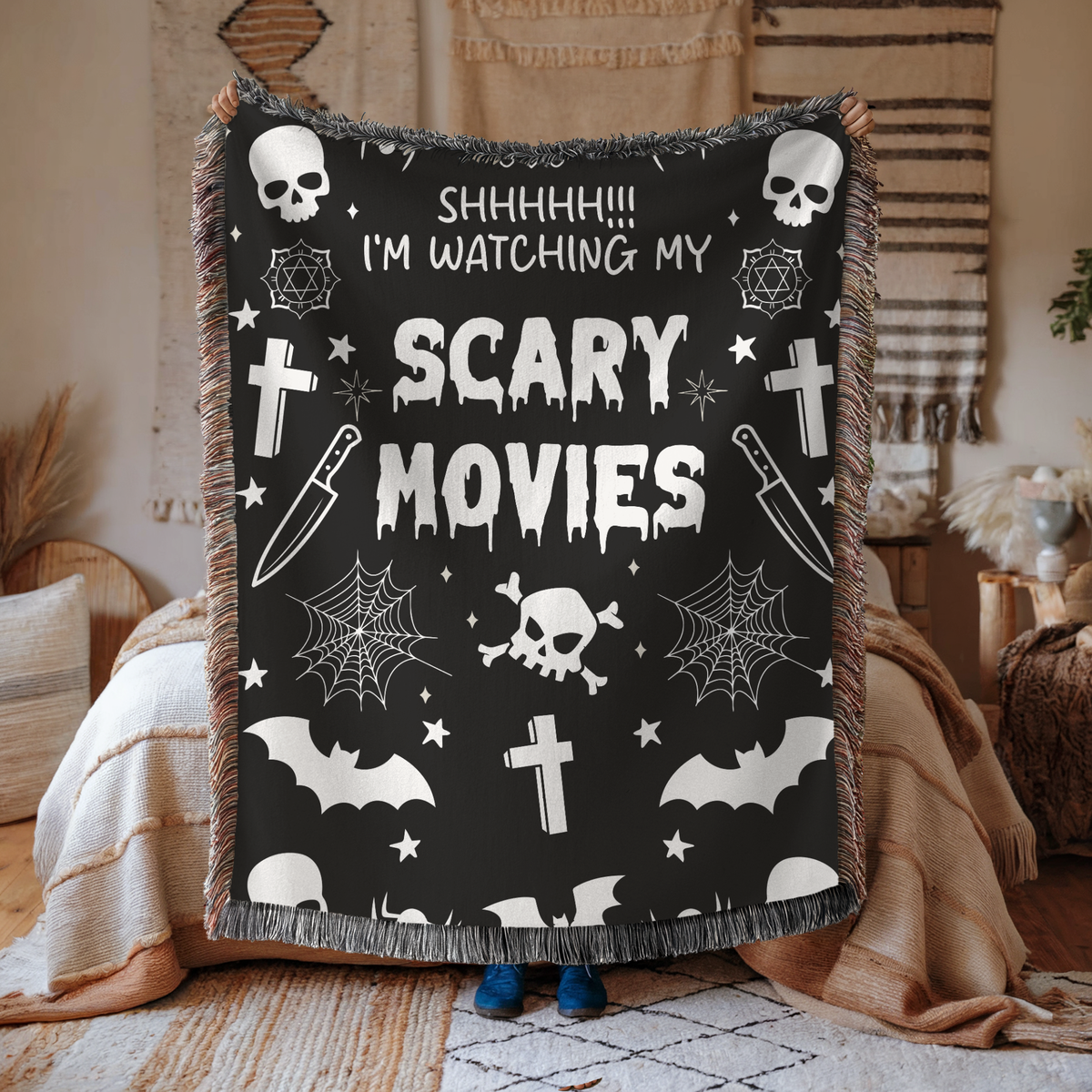Scary Movies Halloween Blanket, Spooky Horror Movie Throw for Gothic Home Decor, Skull and Spider Web Sofa Blanket, Horror Fan Gift