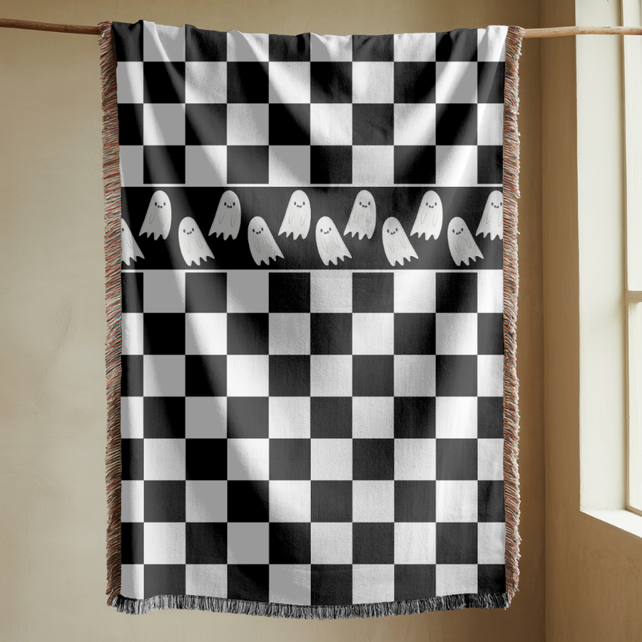 Black and White Checkerboard Blanket, Ghost Pattern Woven Throw, Gothic Room Decor, Spooky Home Accent, Alternative Gift for Teens