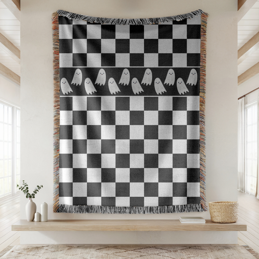 Black and White Checkerboard Blanket, Ghost Pattern Woven Throw, Gothic Room Decor, Spooky Home Accent, Alternative Gift for Teens