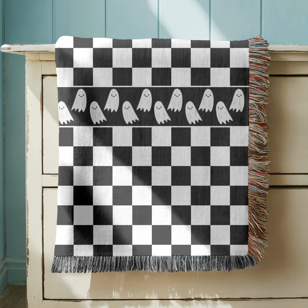 Black and White Checkerboard Blanket, Ghost Pattern Woven Throw, Gothic Room Decor, Spooky Home Accent, Alternative Gift for Teens