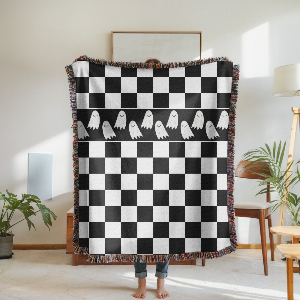 Black and White Checkerboard Blanket, Ghost Pattern Woven Throw, Gothic Room Decor, Spooky Home Accent, Alternative Gift for Teens