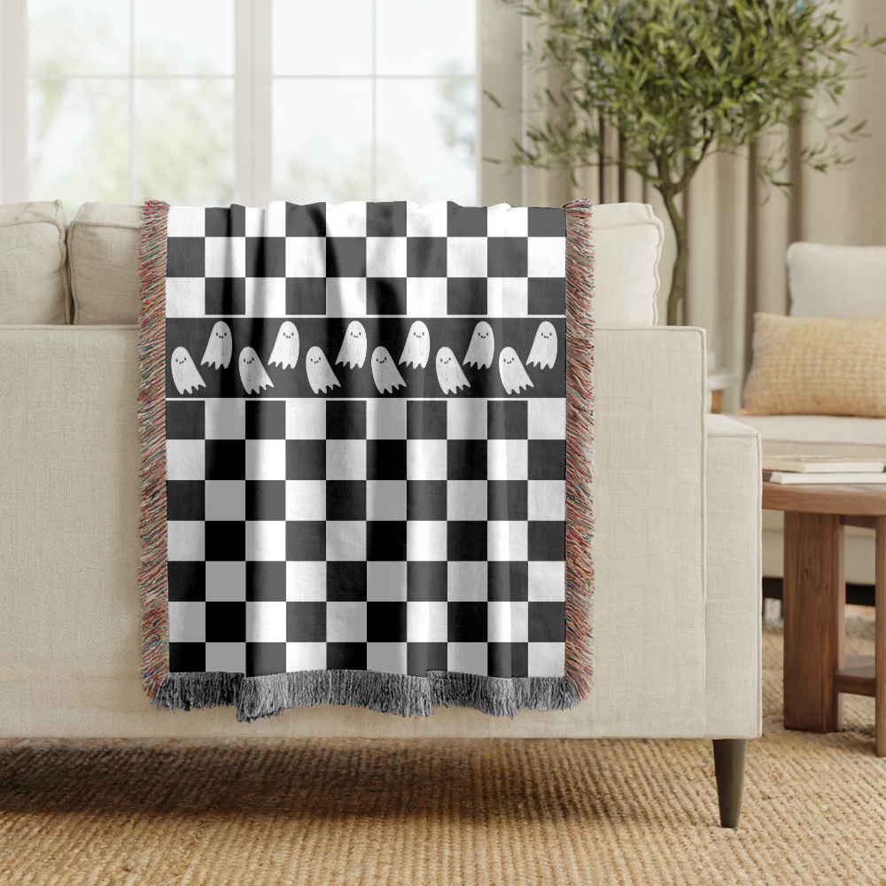 Black and White Checkerboard Blanket, Ghost Pattern Woven Throw, Gothic Room Decor, Spooky Home Accent, Alternative Gift for Teens