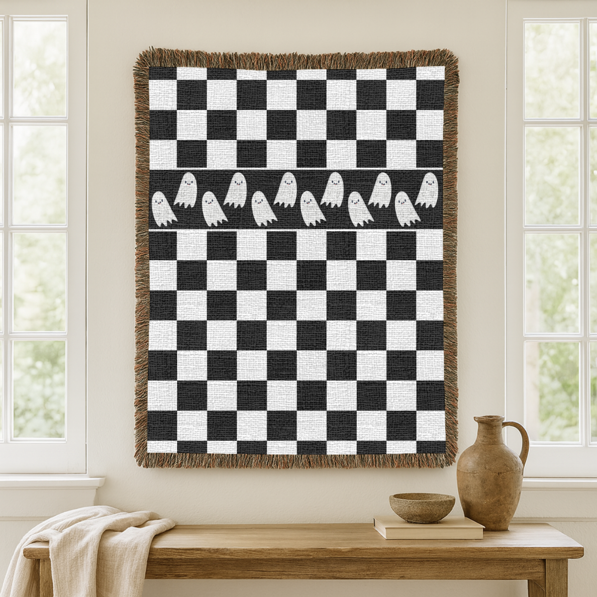 Black and White Checkerboard Blanket, Ghost Pattern Woven Throw, Gothic Room Decor, Spooky Home Accent, Alternative Gift for Teens