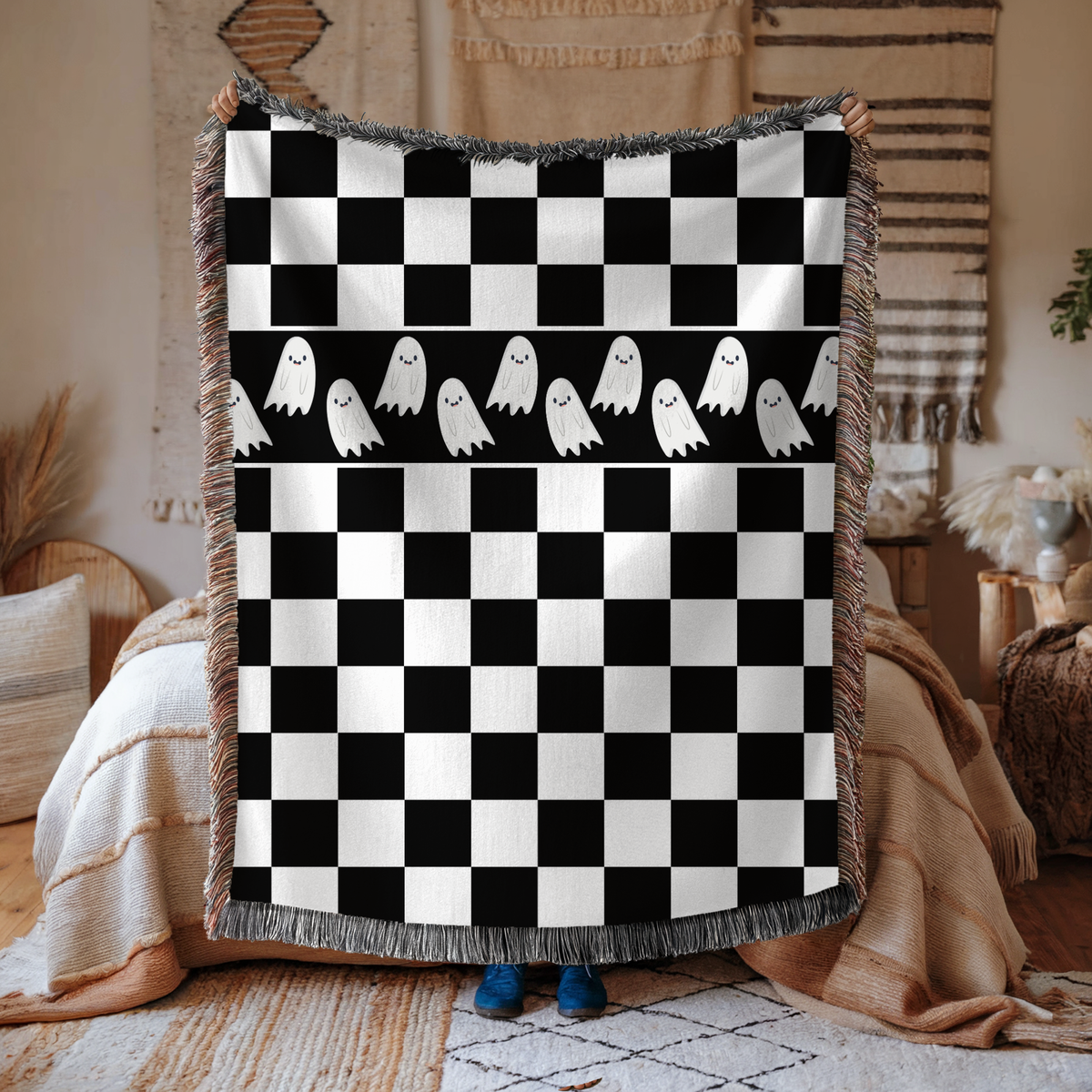 Black and White Checkerboard Blanket, Ghost Pattern Woven Throw, Gothic Room Decor, Spooky Home Accent, Alternative Gift for Teens