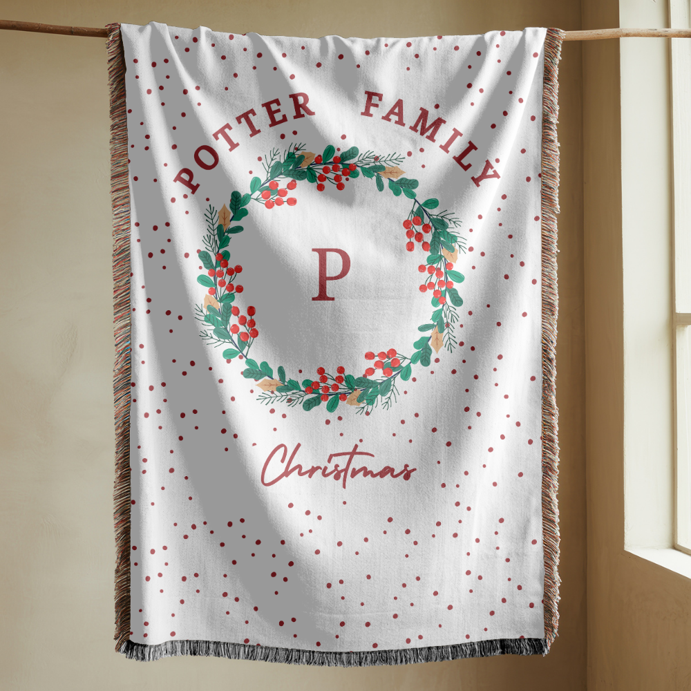 Personalized Christmas Family Blanket, Monogram Holiday Woven Throw, Potter Family Christmas Decor, Custom Winter Gift for Home