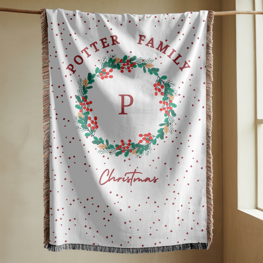 Personalized Christmas Family Blanket, Monogram Holiday Woven Throw, Potter Family Christmas Decor, Custom Winter Gift for Home