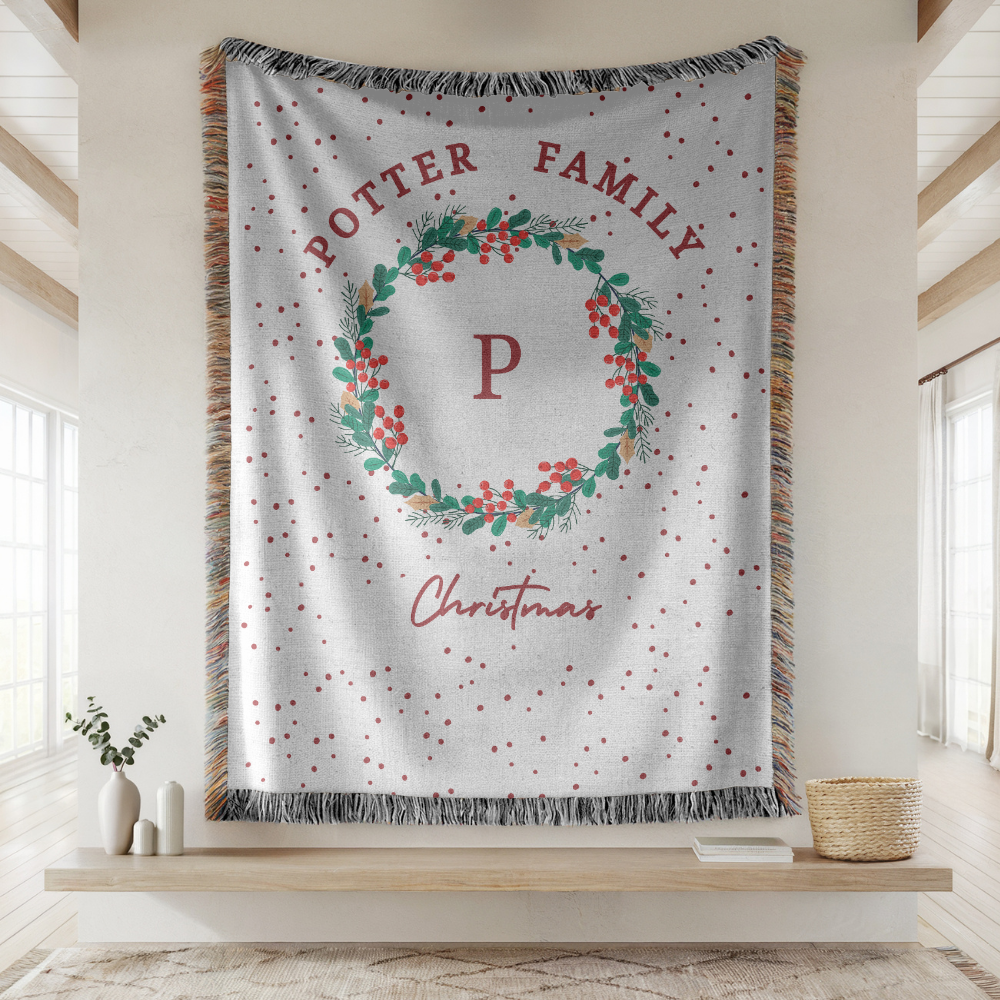 Personalized Christmas Family Blanket, Monogram Holiday Woven Throw, Potter Family Christmas Decor, Custom Winter Gift for Home