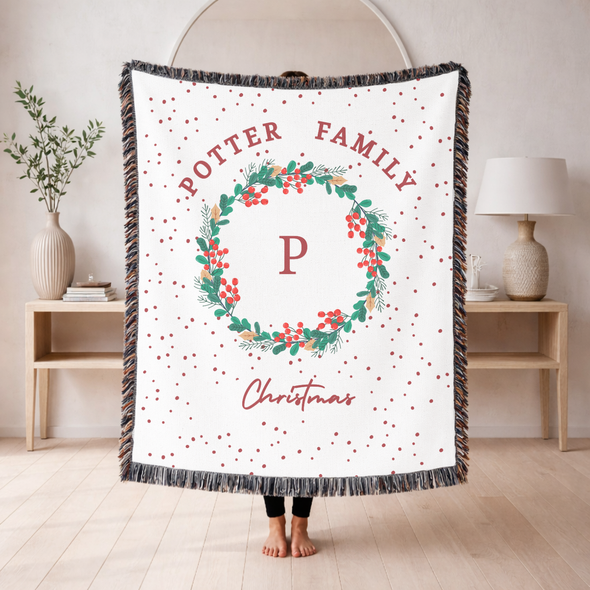 Personalized Christmas Family Blanket, Monogram Holiday Woven Throw, Potter Family Christmas Decor, Custom Winter Gift for Home