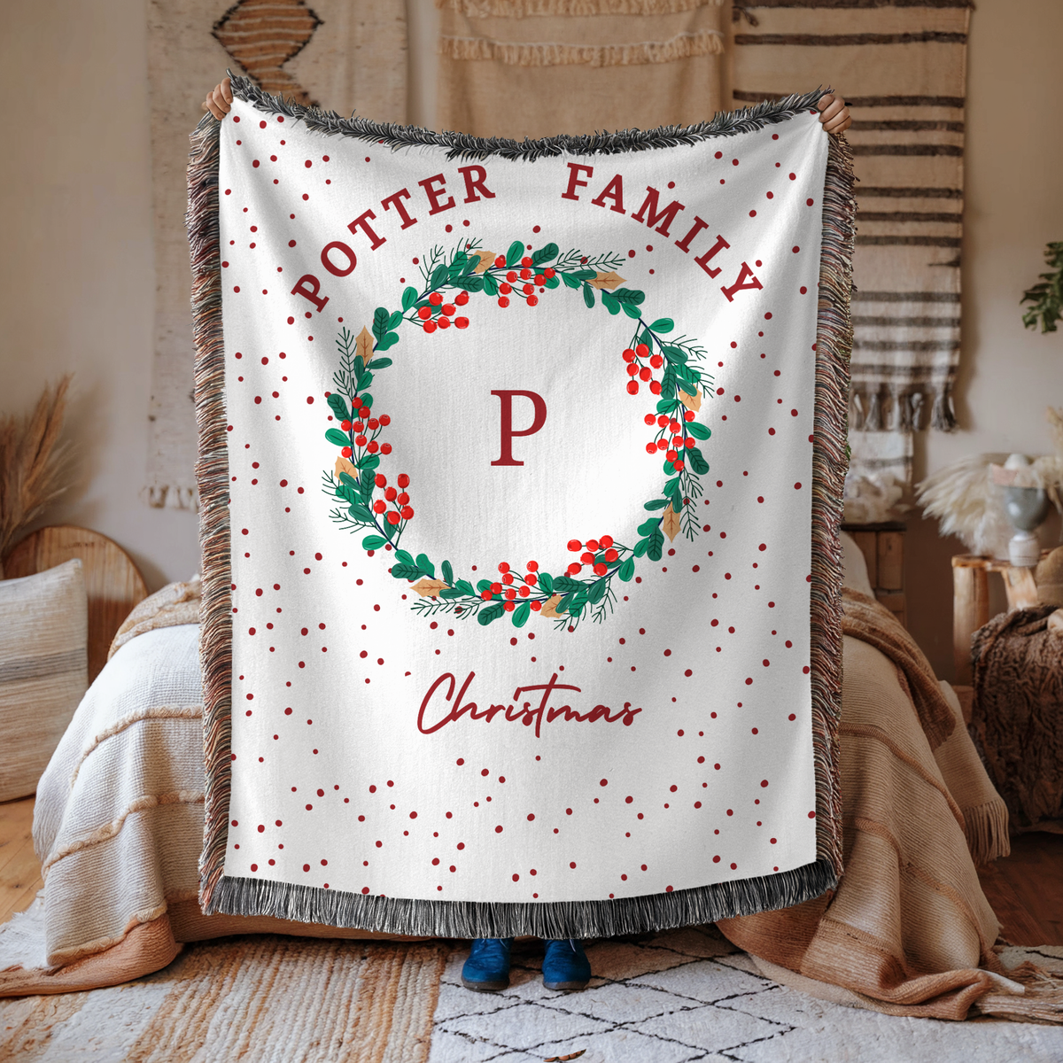 Personalized Christmas Family Blanket, Monogram Holiday Woven Throw, Potter Family Christmas Decor, Custom Winter Gift for Home