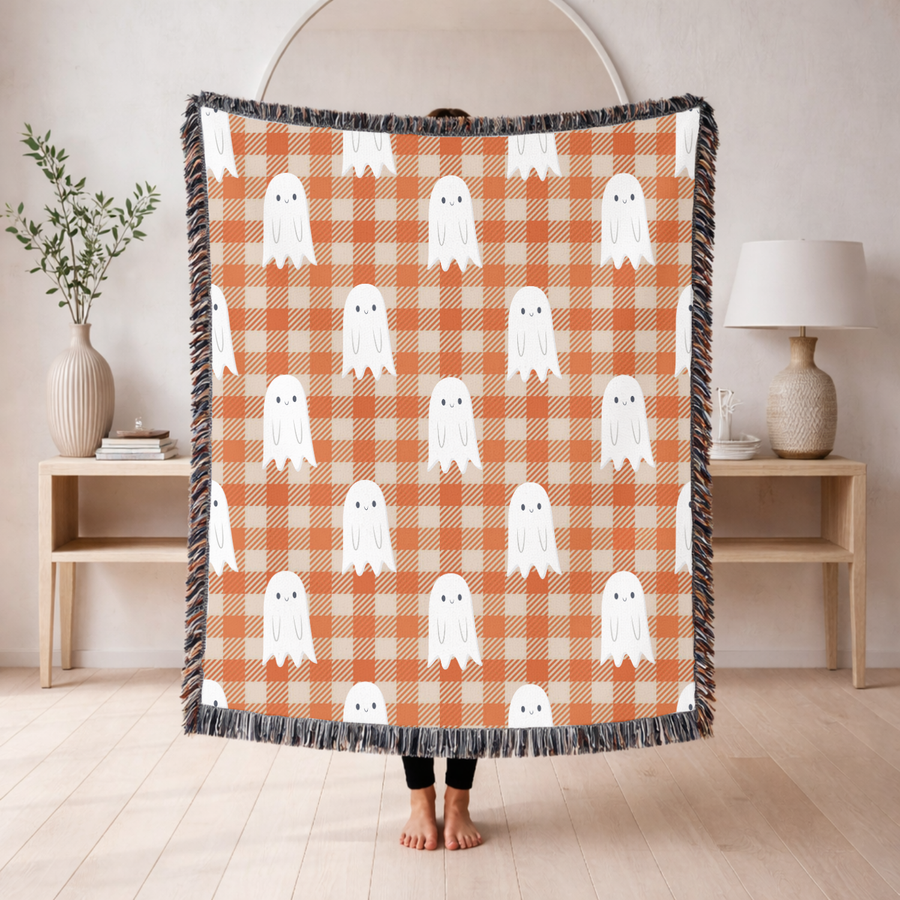Cute Ghost Halloween Blanket, Orange Gingham Spooky Throw for Cozy Fall Home Decor, Retro Autumn Sofa Blanket
