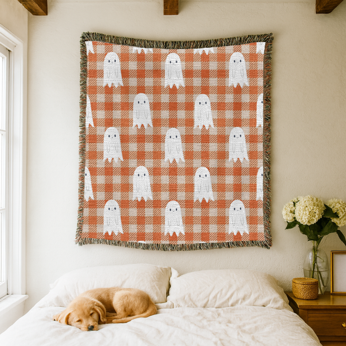 Cute Ghost Halloween Blanket, Orange Gingham Spooky Throw for Cozy Fall Home Decor, Retro Autumn Sofa Blanket