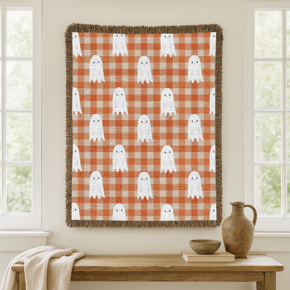 Cute Ghost Halloween Blanket, Orange Gingham Spooky Throw for Cozy Fall Home Decor, Retro Autumn Sofa Blanket