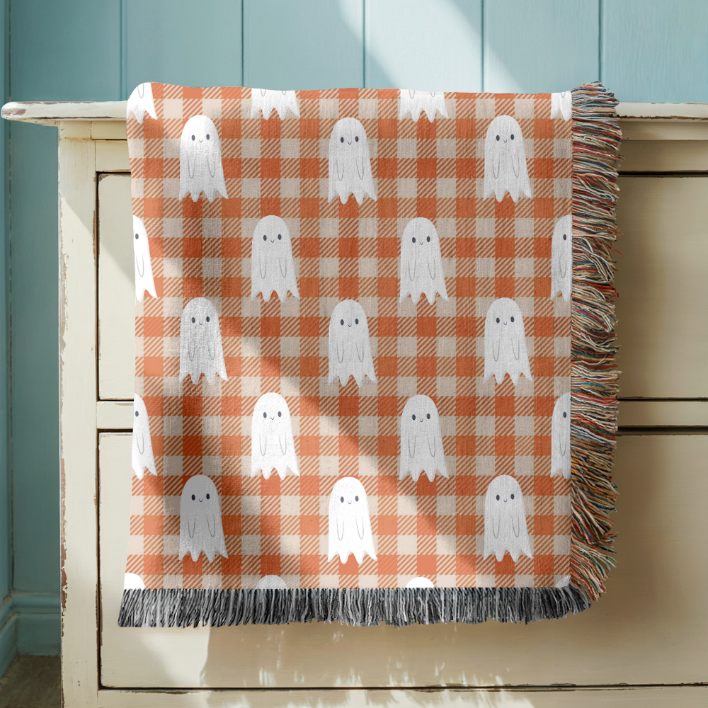 Cute Ghost Halloween Blanket, Orange Gingham Spooky Throw for Cozy Fall Home Decor, Retro Autumn Sofa Blanket