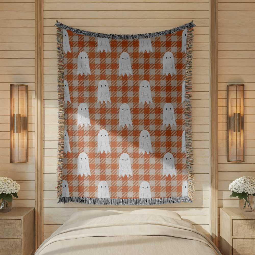 Cute Ghost Halloween Blanket, Orange Gingham Spooky Throw for Cozy Fall Home Decor, Retro Autumn Sofa Blanket