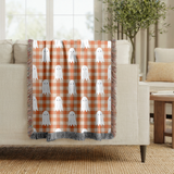Cute Ghost Halloween Blanket, Orange Gingham Spooky Throw for Cozy Fall Home Decor, Retro Autumn Sofa Blanket
