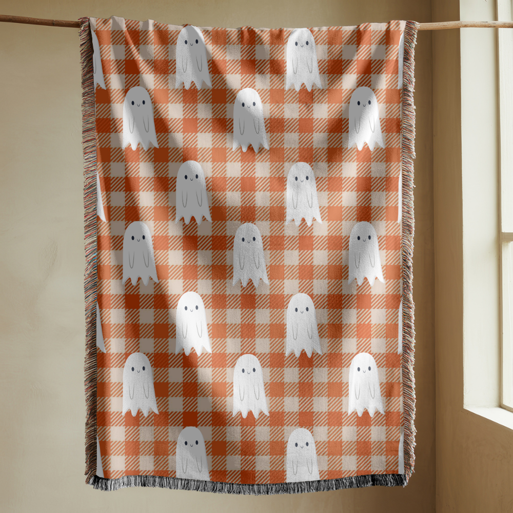 Cute Ghost Halloween Blanket, Orange Gingham Spooky Throw for Cozy Fall Home Decor, Retro Autumn Sofa Blanket