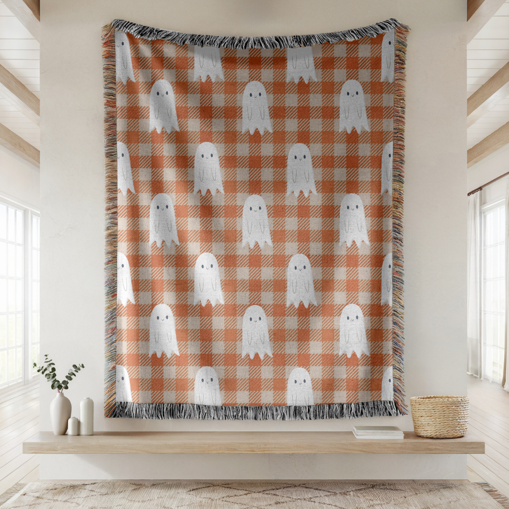 Cute Ghost Halloween Blanket, Orange Gingham Spooky Throw for Cozy Fall Home Decor, Retro Autumn Sofa Blanket