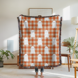 Cute Ghost Halloween Blanket, Orange Gingham Spooky Throw for Cozy Fall Home Decor, Retro Autumn Sofa Blanket