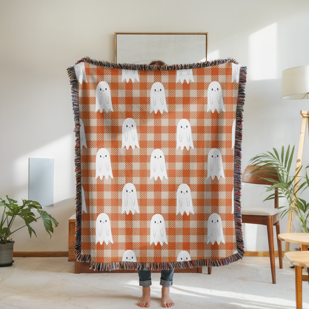 Cute Ghost Halloween Blanket, Orange Gingham Spooky Throw for Cozy Fall Home Decor, Retro Autumn Sofa Blanket