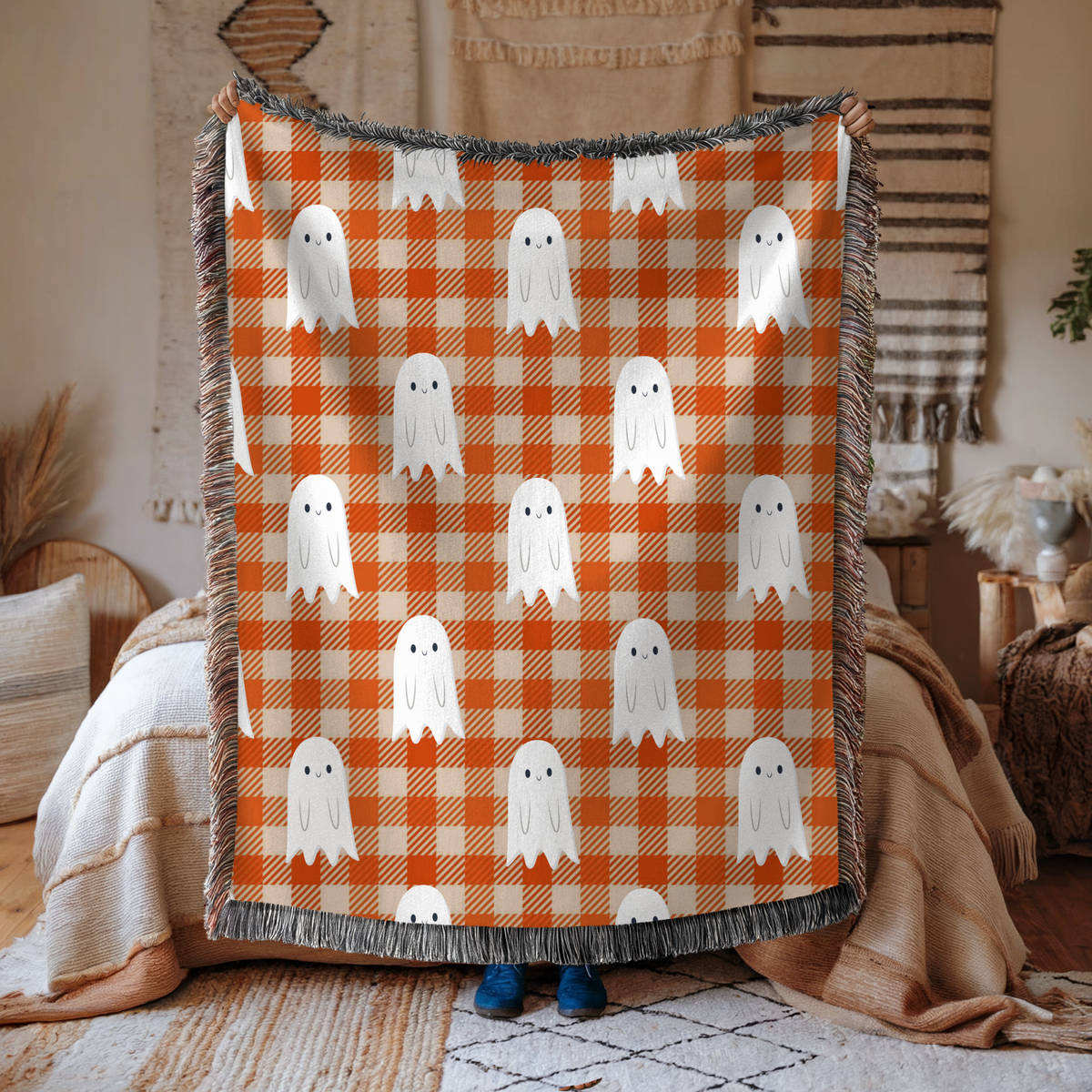 Cute Ghost Halloween Blanket, Orange Gingham Spooky Throw for Cozy Fall Home Decor, Retro Autumn Sofa Blanket