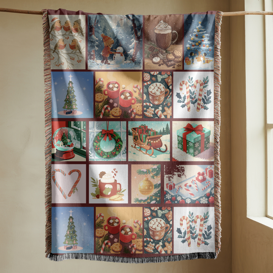 Vintage Christmas Blanket, Retro Holiday Patchwork Throw for Cozy Winter Home Decor, Festive Gnome and Tree Gift, Cottagecore Sofa Blanket