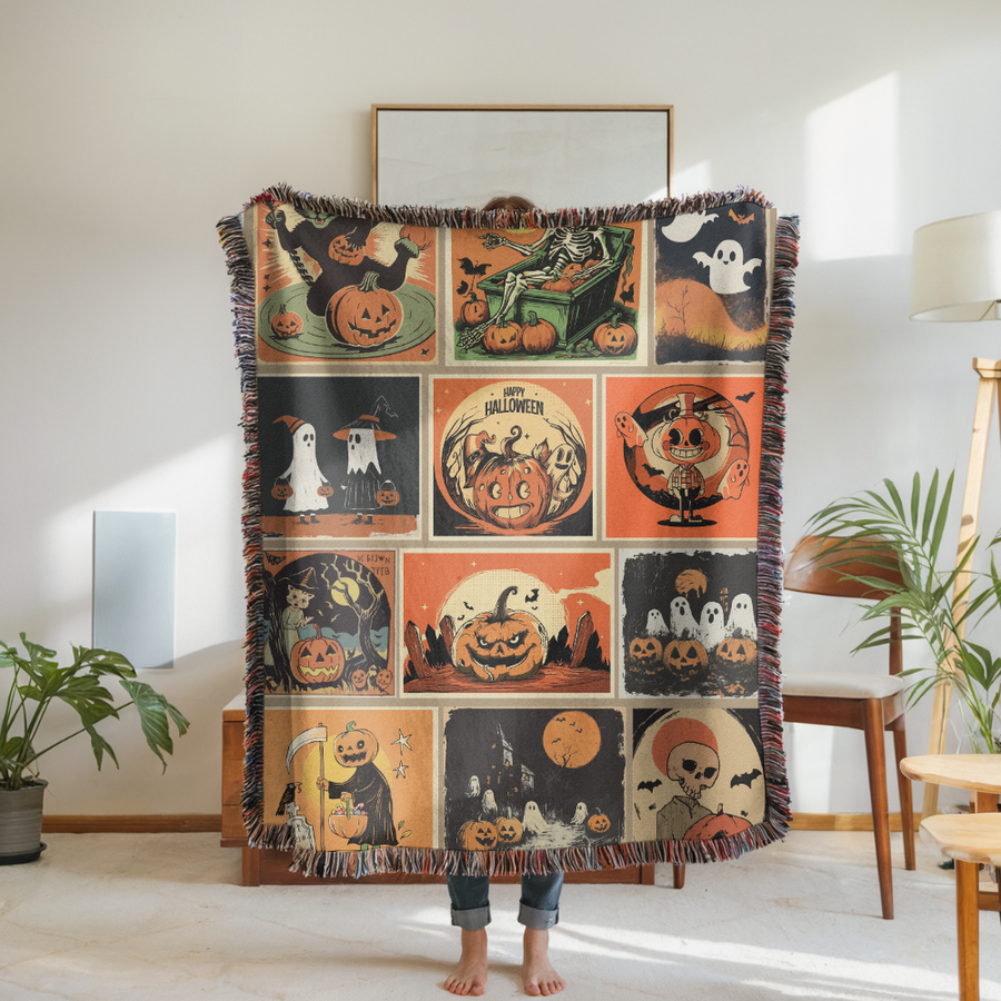 Vintage Halloween Blanket, Retro Spooky Collage Throw for Gothic Home Decor, Pumpkin and Ghost Sofa Blanket, Dark Academia Halloween Gift
