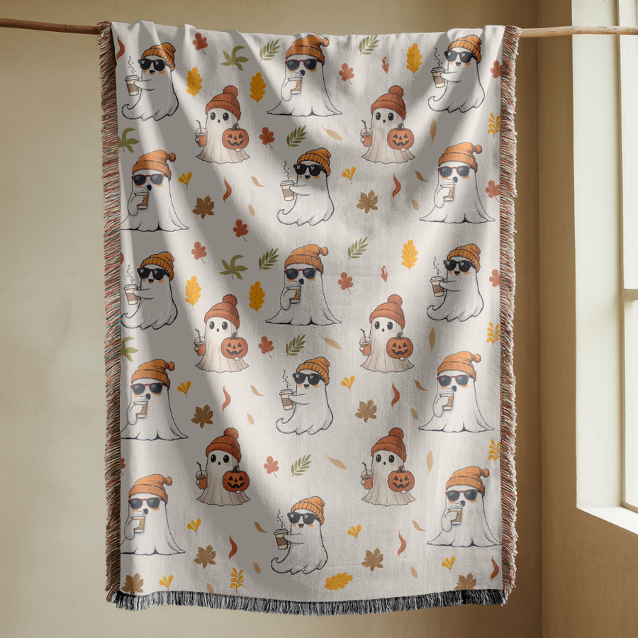 Cute Ghost Halloween Blanket, Spooky Mushroom Throw for Cozy Fall Decor, Whimsical Autumn Sofa Blanket, Halloween Gift for Ghost Lovers