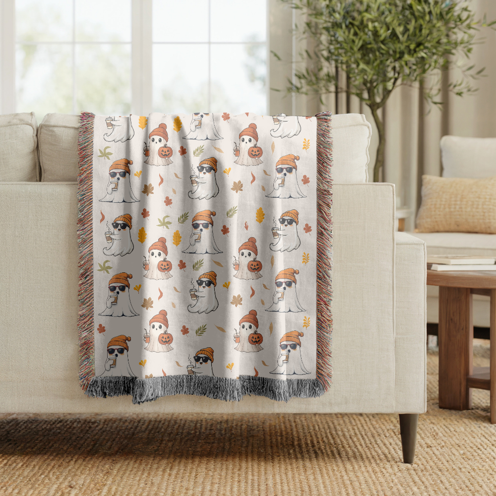 Cute Ghost Halloween Blanket, Spooky Mushroom Throw for Cozy Fall Decor, Whimsical Autumn Sofa Blanket, Halloween Gift for Ghost Lovers